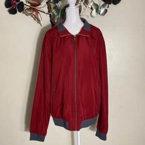 Zara  Mens Bomber Jacket Red Gray Zip Front Pockets Mock Neck Windbreaker